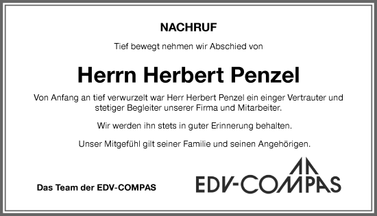 Traueranzeige von Herbert Penzel von Memminger Zeitung