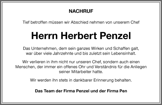 Traueranzeige von Herbert Penzel von Memminger Zeitung