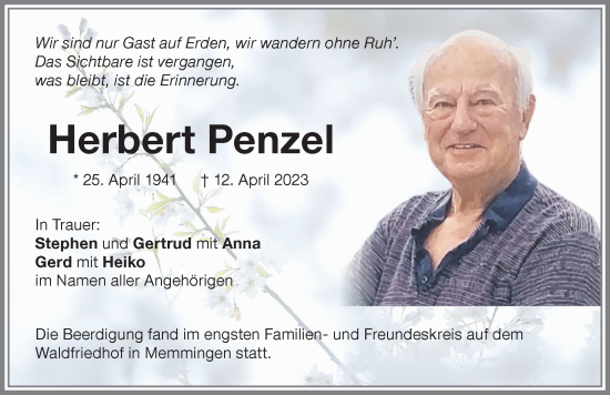 Traueranzeige von Herbert Penzel von Memminger Zeitung