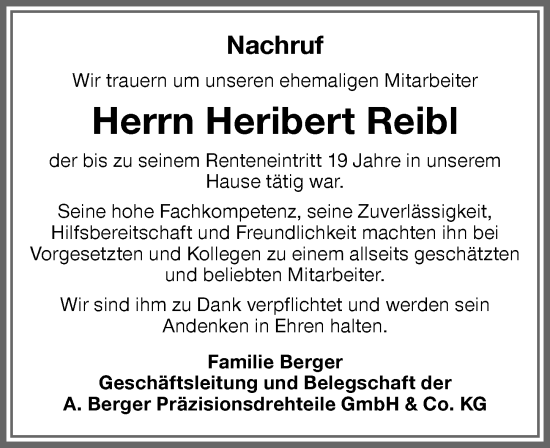 Traueranzeige von Heribert Reibl von Memminger Zeitung
