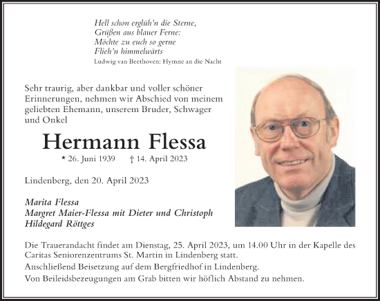 Traueranzeige von Hermann Flessa von Der Westallgäuer