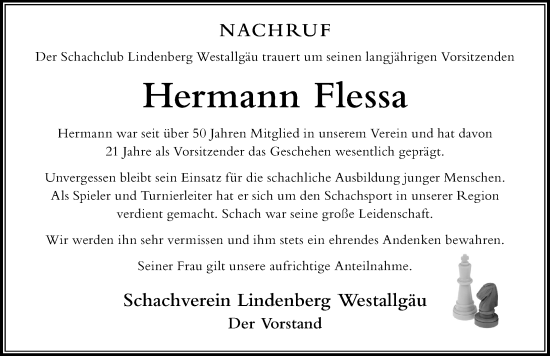 Traueranzeige von Hermann Flessa von Der Westallgäuer
