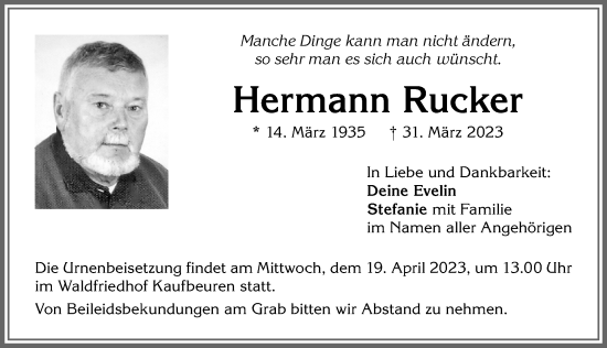 Traueranzeige von Hermann Rucker von Allgäuer Zeitung, Kaufbeuren/Buchloe