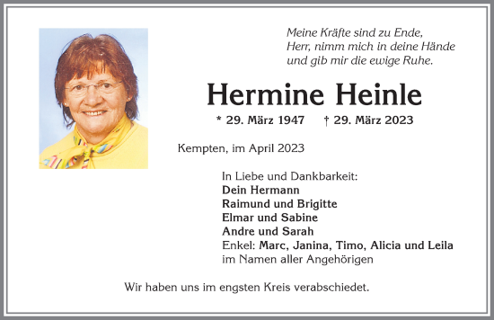 Traueranzeige von Hermine Heinle von Allgäuer Zeitung,Kempten
