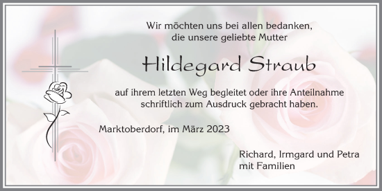 Traueranzeige von Hildegard Straub von Allgäuer Zeitung, Marktoberdorf