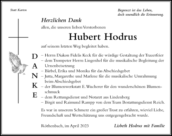 Traueranzeige von Hubert Hodrus von Der Westallgäuer