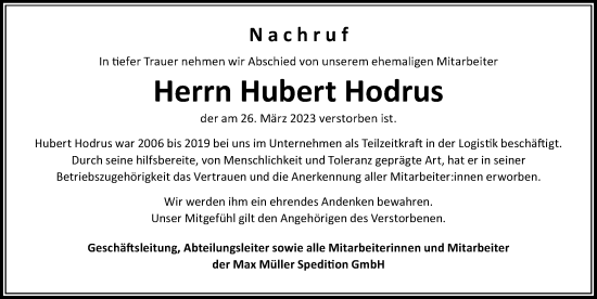 Traueranzeige von Hubert Hodrus von Der Westallgäuer