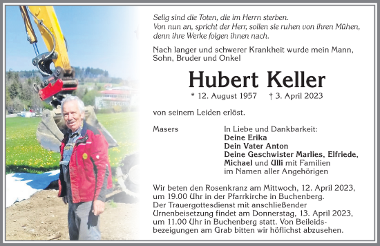 Traueranzeige von Hubert Keller von Allgäuer Anzeigeblatt