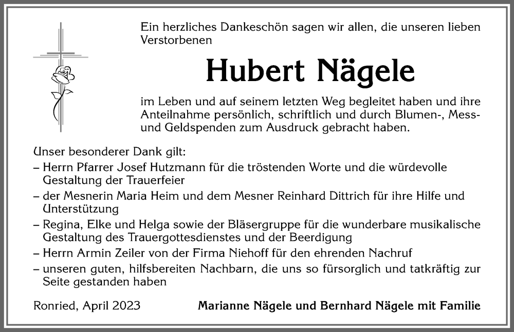  Traueranzeige für Hubert Nägele vom 22.04.2023 aus Allgäuer Zeitung, Marktoberdorf