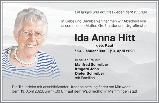 Traueranzeige von Ida Anna Hitt von Memminger Zeitung