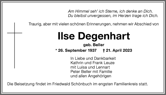 Traueranzeige von Ilse Degenhart von Memminger Zeitung