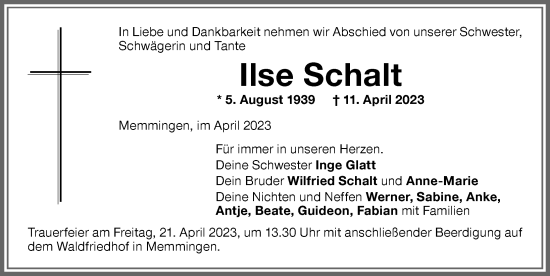 Traueranzeige von Ilse Schalt von Memminger Zeitung
