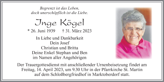 Traueranzeige von Inge Kögel von Allgäuer Zeitung, Marktoberdorf