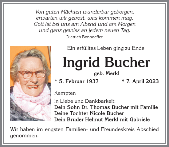 Traueranzeige von Ingrid Bucher von Allgäuer Zeitung,Kempten