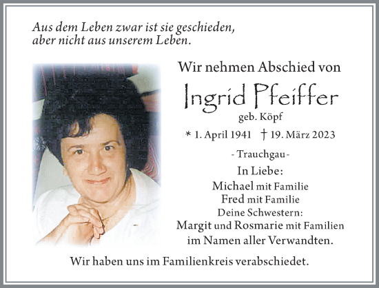 Traueranzeige von Ingrid Pfeiffer von Allgäuer Zeitung, Füssen