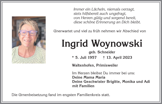 Traueranzeige von Ingrid Woynowski von Allgäuer Zeitung,Kempten