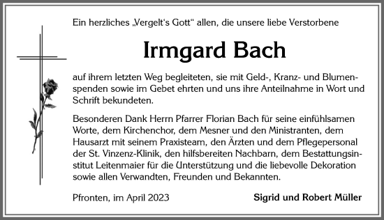 Traueranzeige von Irmgard Bach von Allgäuer Zeitung, Füssen