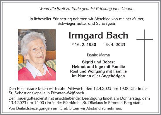Traueranzeige von Irmgard Bach von Allgäuer Zeitung, Füssen