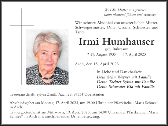 Traueranzeige von Irmi Humhauser von Der Westallgäuer
