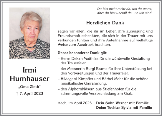 Traueranzeige von Irmi Humhauser von Allgäuer Anzeigeblatt
