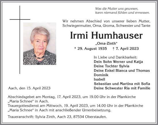 Traueranzeige von Irmi Humhauser von Allgäuer Anzeigeblatt