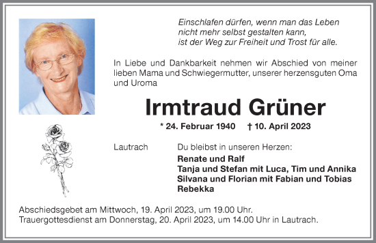 Traueranzeige von Irmtraud Grüner von Memminger Zeitung