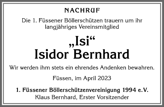 Traueranzeige von Isidor Bernhard von Allgäuer Zeitung, Füssen