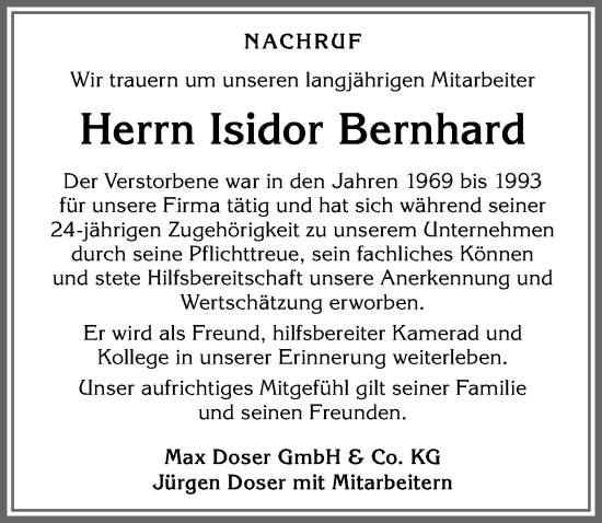 Traueranzeige von Isidor Bernhard von Allgäuer Zeitung, Füssen
