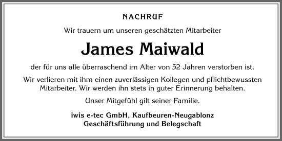 Traueranzeige von James Maiwald von Allgäuer Zeitung, Kaufbeuren/Buchloe