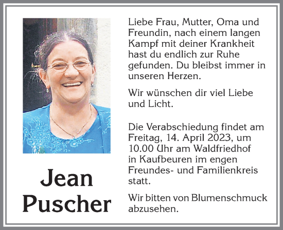 Traueranzeige von Jean Puscher von Allgäuer Zeitung, Kaufbeuren/Buchloe