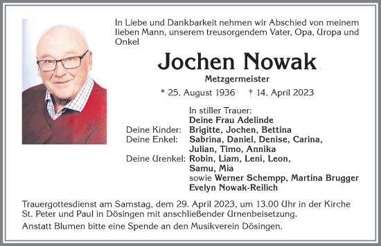 Traueranzeige von Jochen Nowak von Allgäuer Zeitung, Kaufbeuren/Buchloe