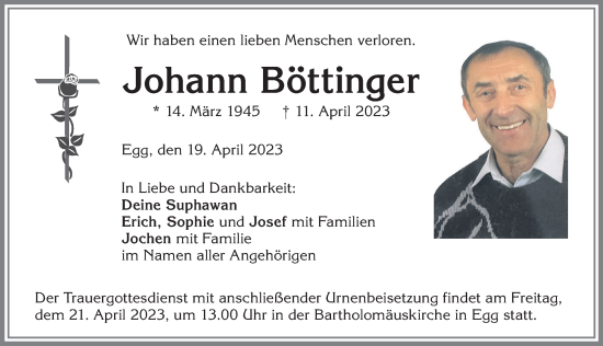Traueranzeige von Johann Böttinger von Memminger Zeitung