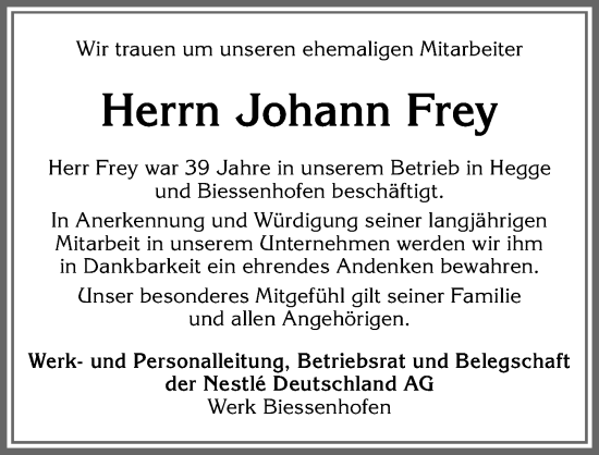 Traueranzeige von Johann Frey von Allgäuer Zeitung, Marktoberdorf