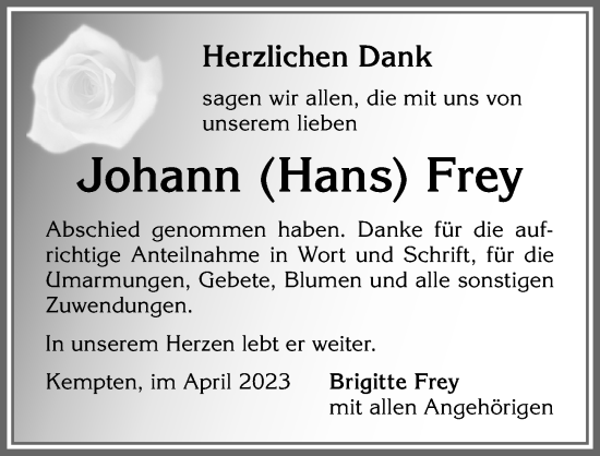 Traueranzeige von Johann Frey von Allgäuer Zeitung,Kempten