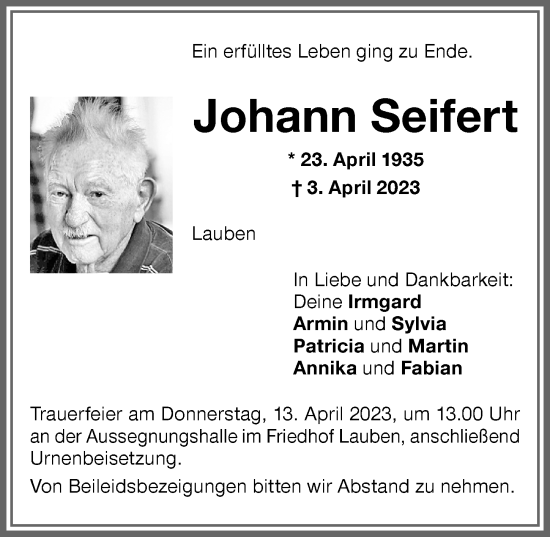 Traueranzeige von Johann Seifert von Allgäuer Zeitung,Kempten