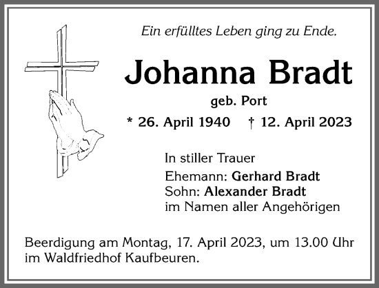 Traueranzeige von Johanna Bradt von Allgäuer Zeitung, Kaufbeuren/Buchloe