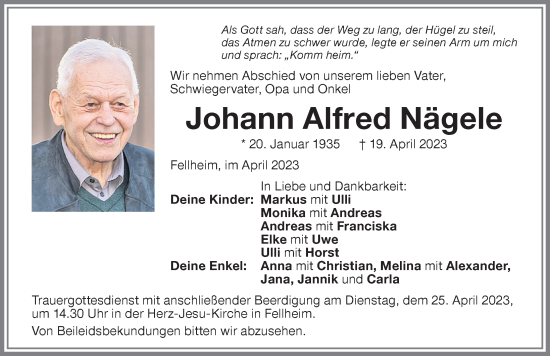 Traueranzeige von Johann Alfred Nägele von Memminger Zeitung