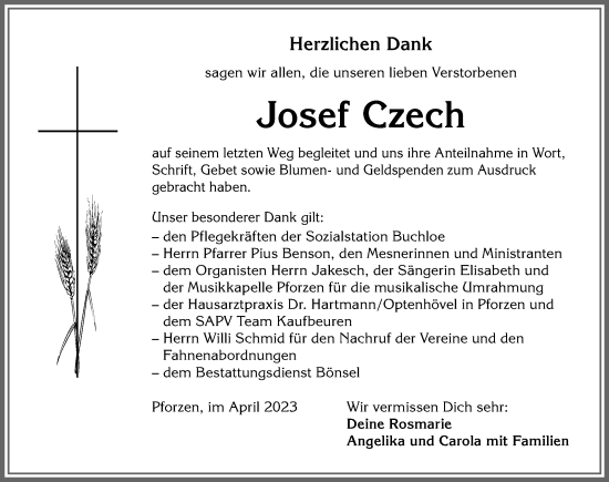 Traueranzeige von Josef Czech von Allgäuer Zeitung, Kaufbeuren/Buchloe