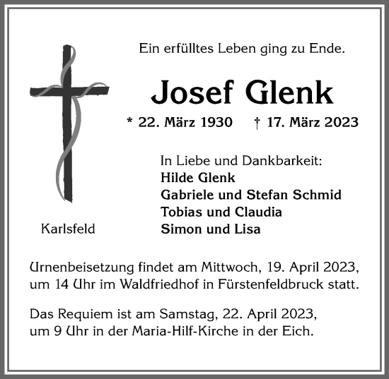 Traueranzeige von Josef Glenk von Allgäuer Zeitung,Kempten