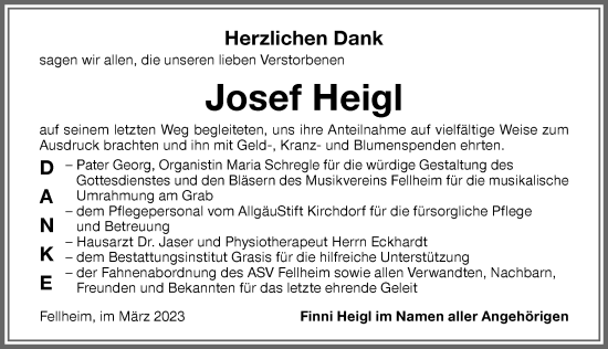 Traueranzeige von Josef Heigl von Memminger Zeitung