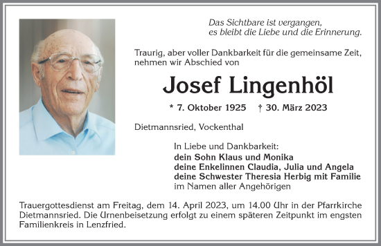 Traueranzeige von Josef Lingenhöl von Allgäuer Zeitung,Kempten