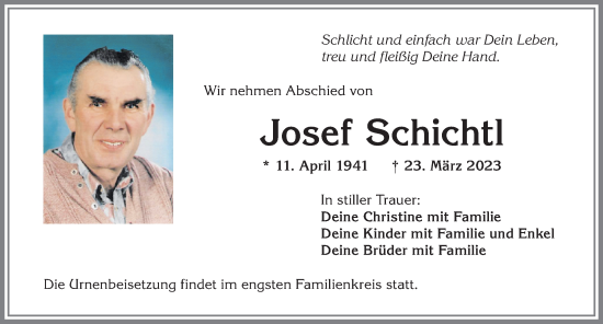 Traueranzeige von Josef Schichtl von Allgäuer Zeitung, Kaufbeuren/Buchloe