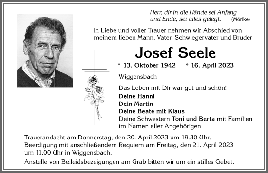 Traueranzeige von Josef Seele von Allgäuer Zeitung,Kempten