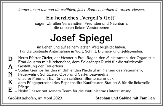 Traueranzeige von Josef Spiegel von Allgäuer Zeitung, Kaufbeuren/Buchloe