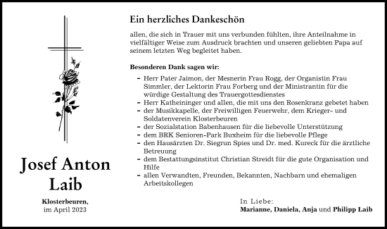 Traueranzeige von Josef Anton Laib von Augsburger Allgemeine, Illertisser Zeitung