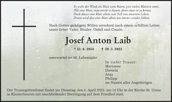 Traueranzeige von Josef Anton Laib von Augsburger Allgemeine, Illertisser Zeitung