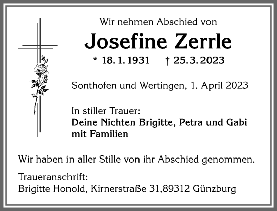 Traueranzeige von Josefine Zerrle von Allgäuer Anzeigeblatt
