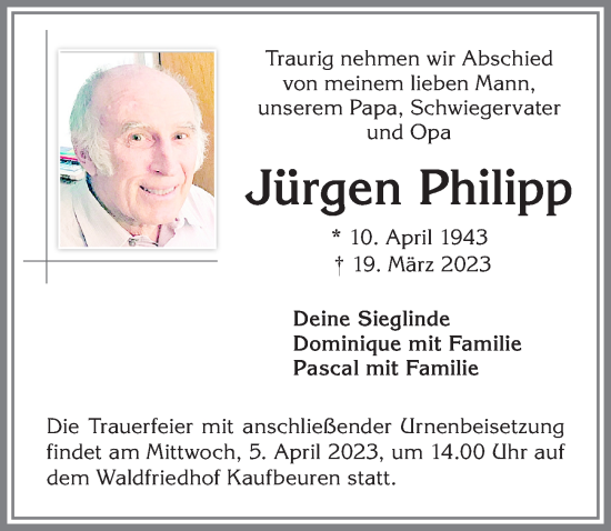Traueranzeige von Jürgen Philipp von Allgäuer Zeitung, Kaufbeuren/Buchloe