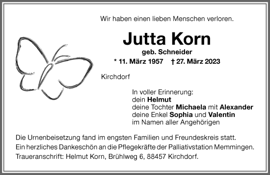Traueranzeige von Jutta Korn von Memminger Zeitung