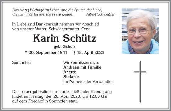Traueranzeige von Karin Schütz von Allgäuer Anzeigeblatt